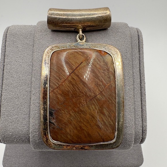 925 Sterling Silver Brown Stone Cabochon Pendant Large Tube Bail 37.46g 1.71in